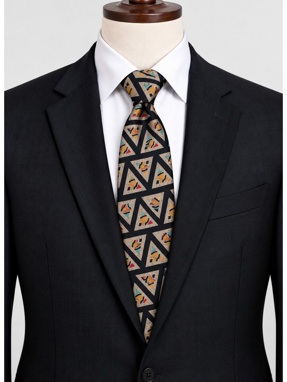 Guy Laroche Silk Necktie Geometric Triangle Pattern Black Made in Canada